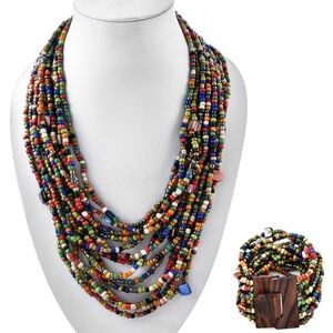 Boho Multi-seed bead Necklace and Wooden buckle Stretch Bracelet